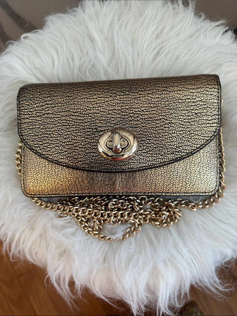 Coach Metallic Gold Turnlock Crossbody Accordion Wallet w/multiple sections